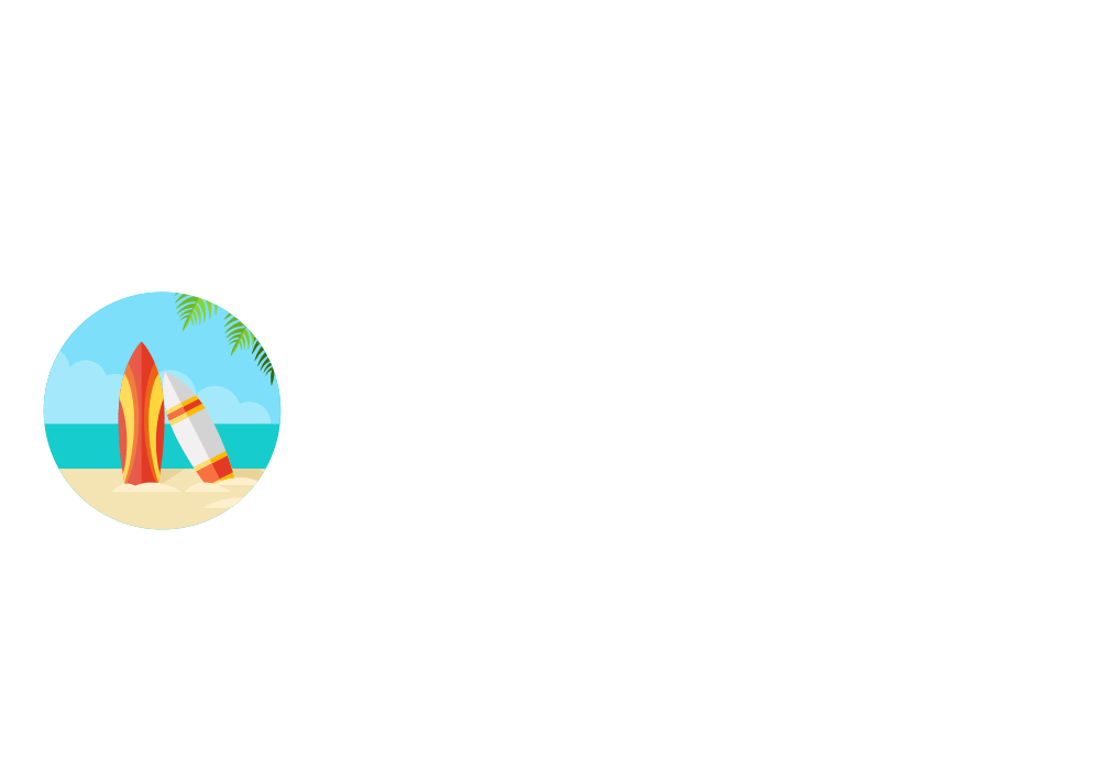 A graphic with a beach scene and a lifeguard tower is on a black background.